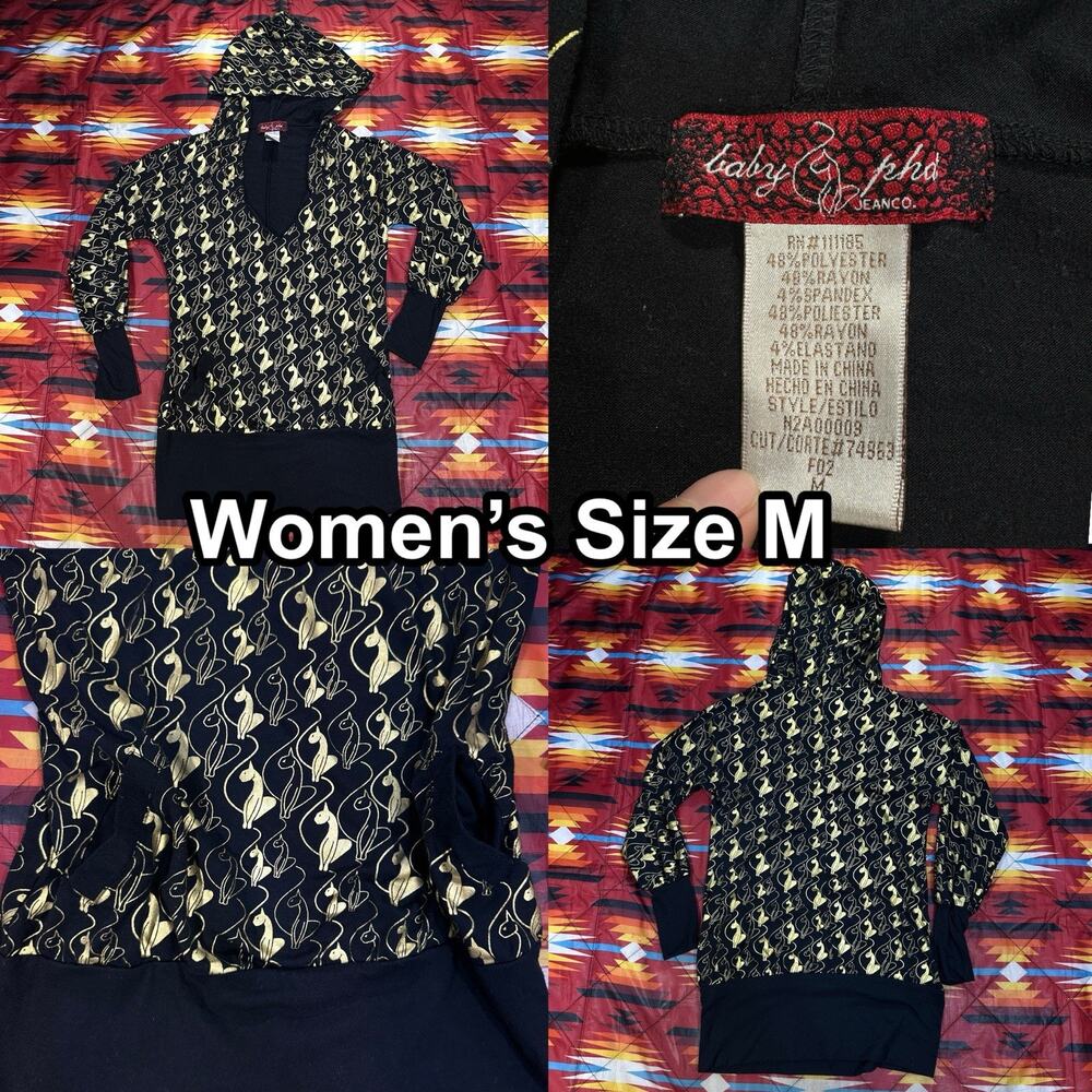 Y2K BABY PHAT Gold Cat Print V-Neck Hoodie Lightweight Sweater Women’s Sz Medium